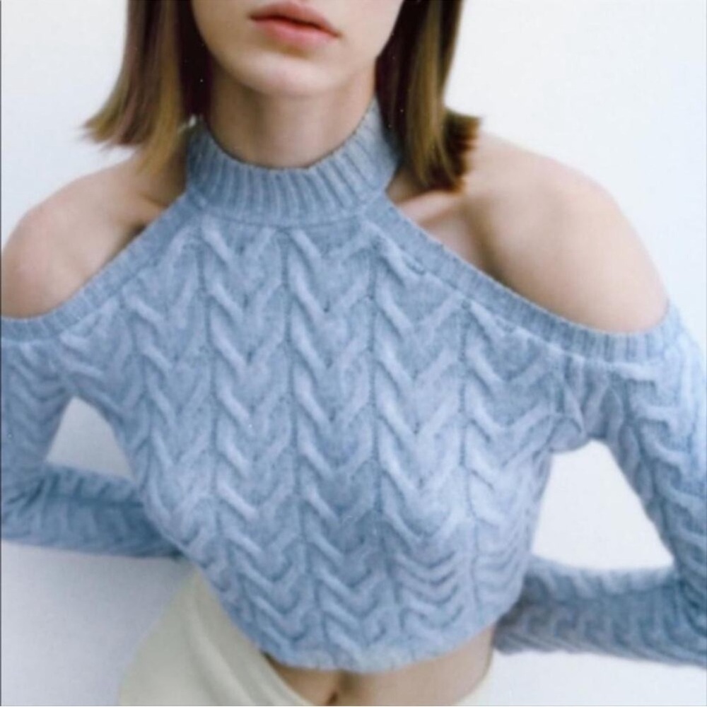 Zara Baby Blue Cable Knit Cold Shoulder Cut Out Mock Neck Sweater NWT